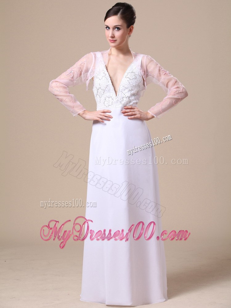Elegant V-neck Empire Beading Backless Prom Dress in White