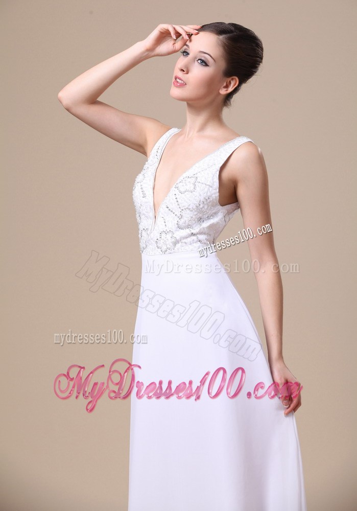 Elegant V-neck Empire Beading Backless Prom Dress in White