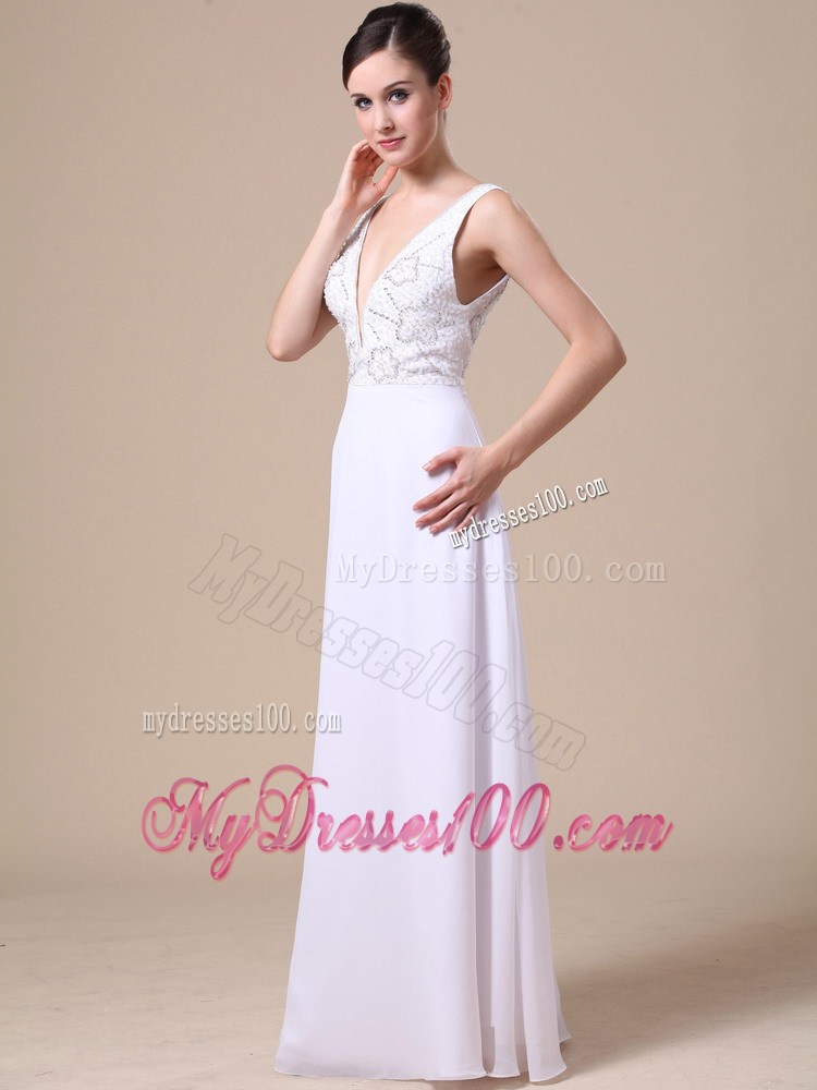 Elegant V-neck Empire Beading Backless Prom Dress in White