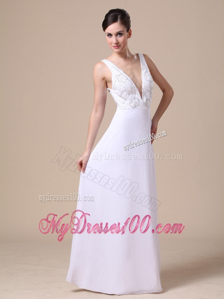Elegant V-neck Empire Beading Backless Prom Dress in White