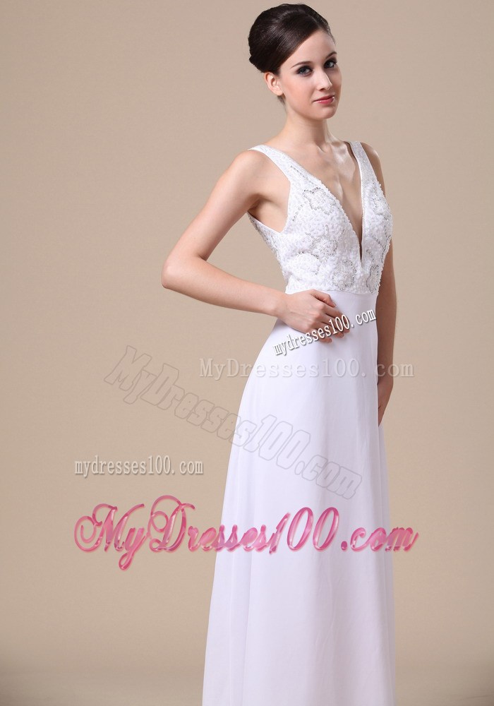 Elegant V-neck Empire Beading Backless Prom Dress in White