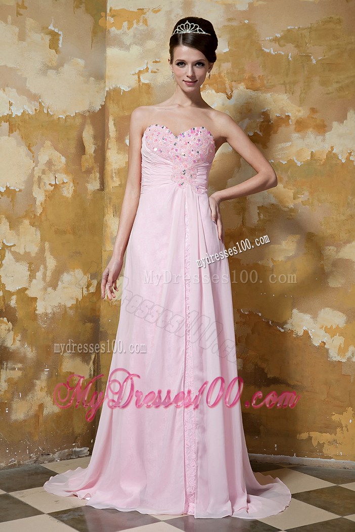 Light Pink Empire Sweetheart Brush Train Prom Dress with Beading
