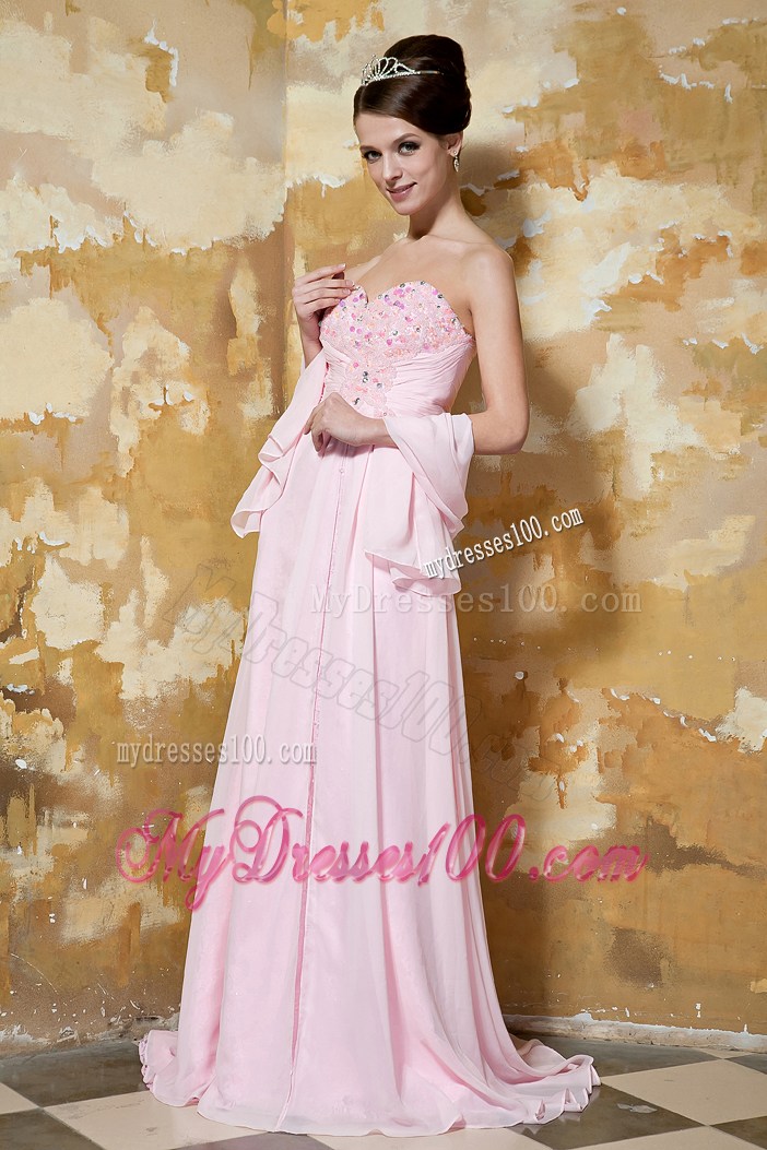 Light Pink Empire Sweetheart Brush Train Prom Dress with Beading