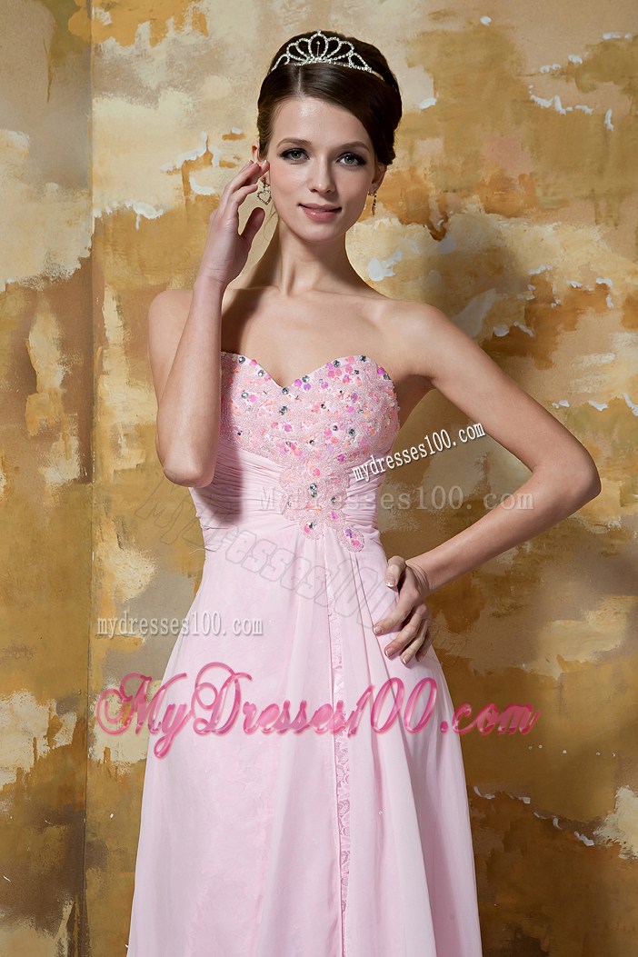Light Pink Empire Sweetheart Brush Train Prom Dress with Beading