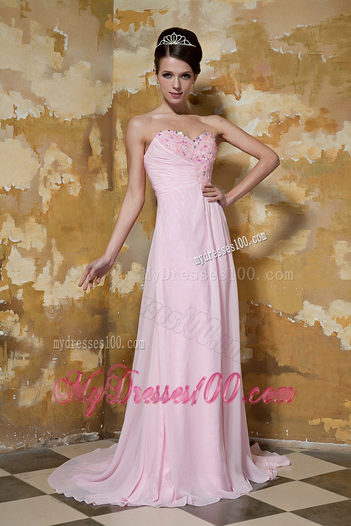 Light Pink Empire Sweetheart Brush Train Prom Dress with Beading