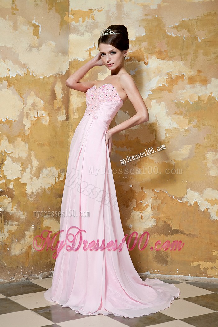 Light Pink Empire Sweetheart Brush Train Prom Dress with Beading