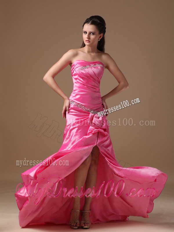 Hot Pink Strapless Brush Train Beading and High Silt Prom Dress