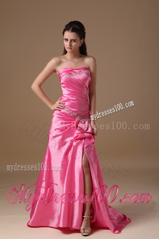 Hot Pink Strapless Brush Train Beading and High Silt Prom Dress