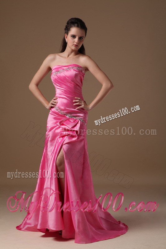 Hot Pink Strapless Brush Train Beading and High Silt Prom Dress