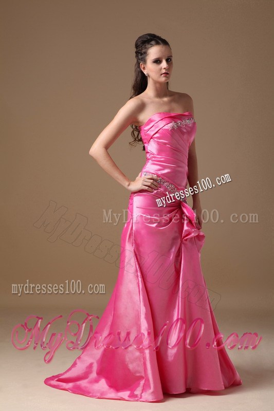 Hot Pink Strapless Brush Train Beading and High Silt Prom Dress