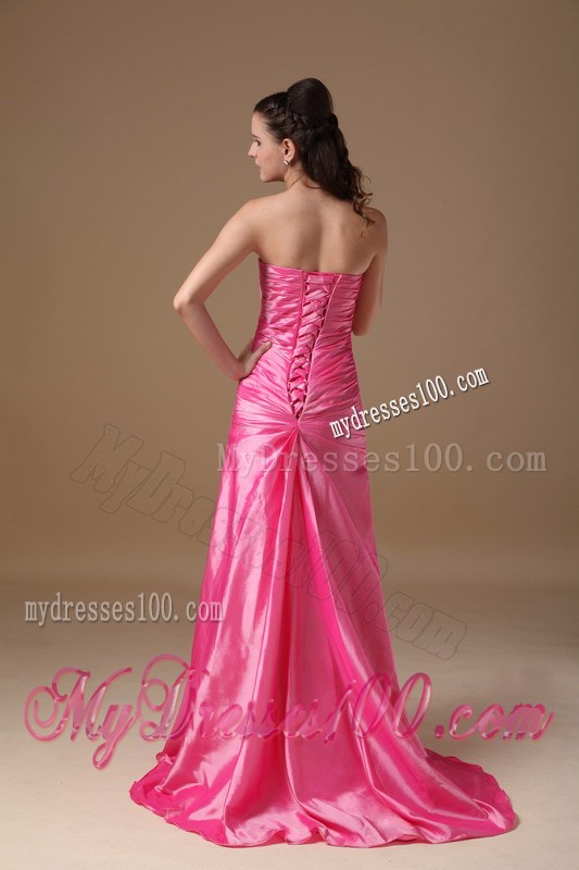 Hot Pink Strapless Brush Train Beading and High Silt Prom Dress