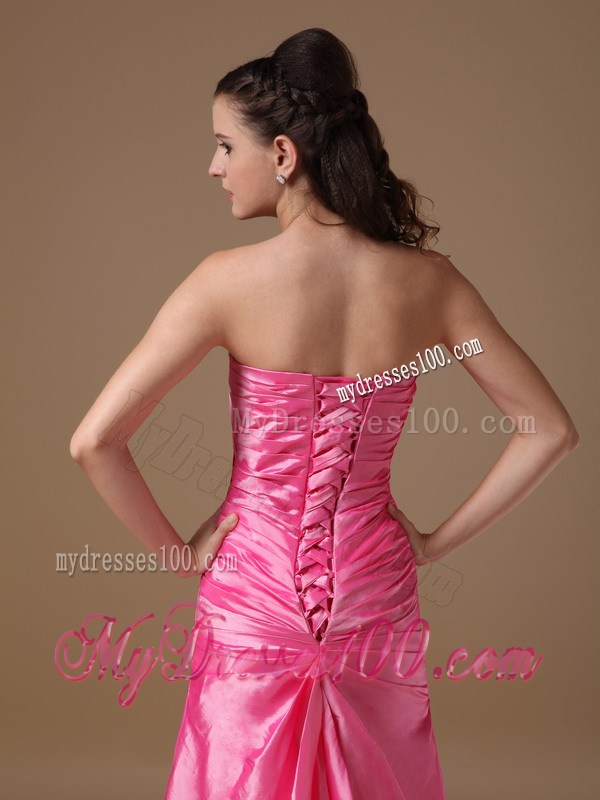 Hot Pink Strapless Brush Train Beading and High Silt Prom Dress