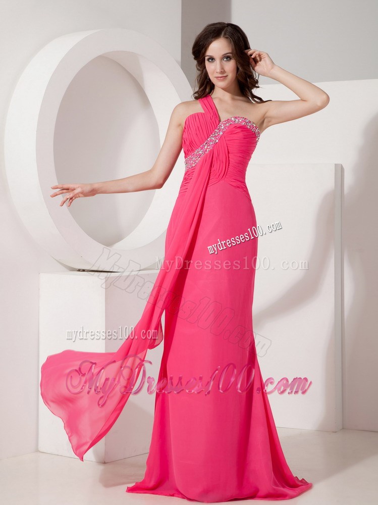 Beading Column Popular Hot Pink Prom Dress with One Shoulder