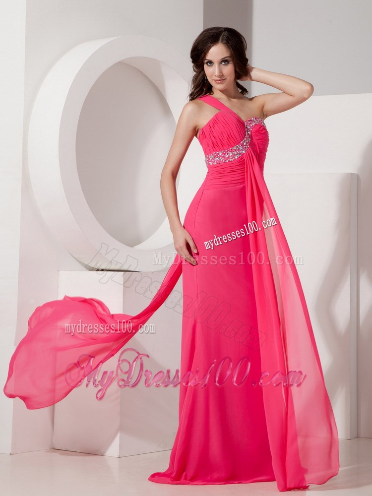Beading Column Popular Hot Pink Prom Dress with One Shoulder