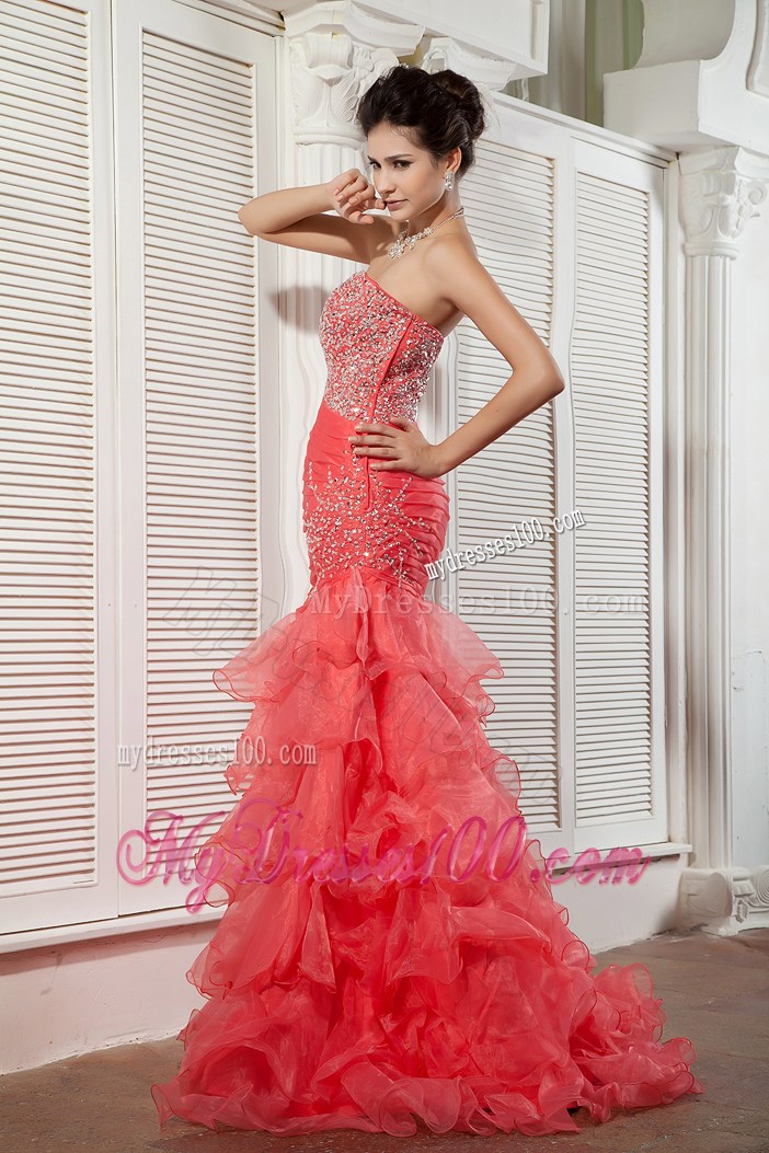 Unique Coral Red Mermaid Sweetheart Ruffles Layered Prom Dress