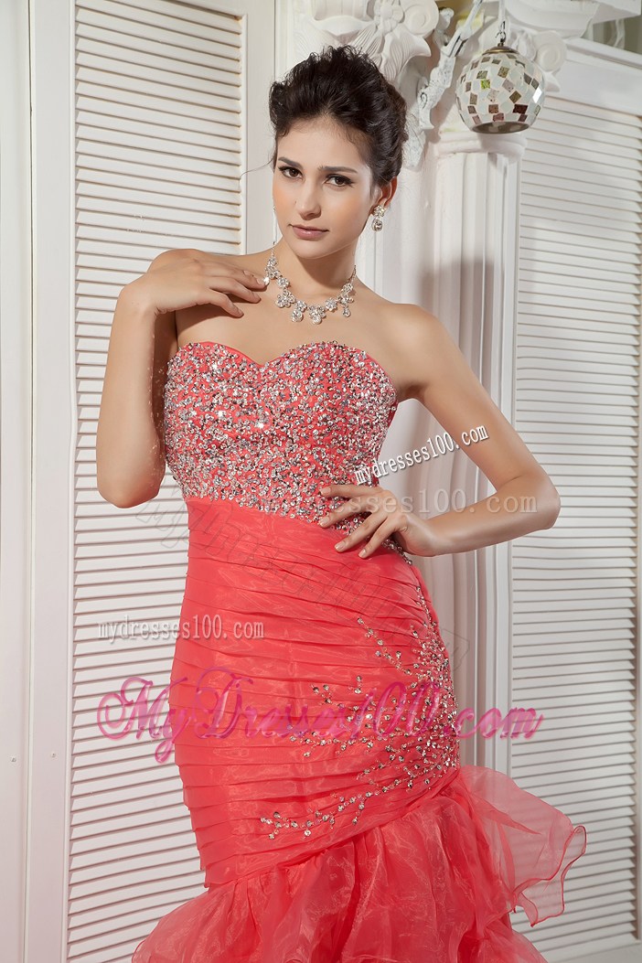 Unique Coral Red Mermaid Sweetheart Ruffles Layered Prom Dress