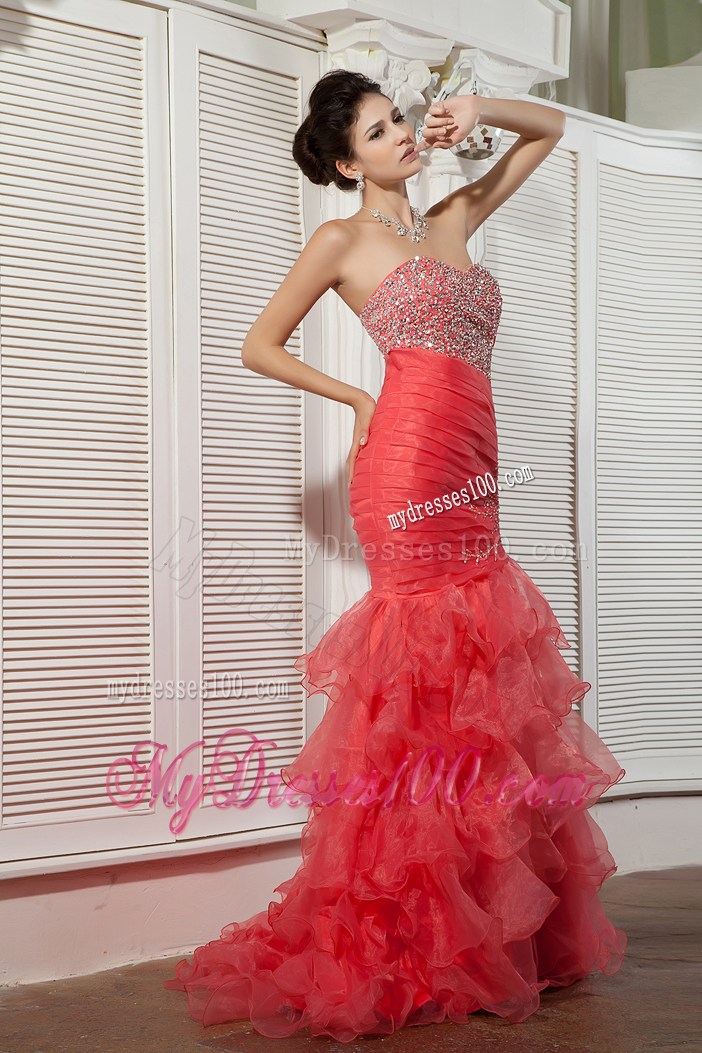 Unique Coral Red Mermaid Sweetheart Ruffles Layered Prom Dress