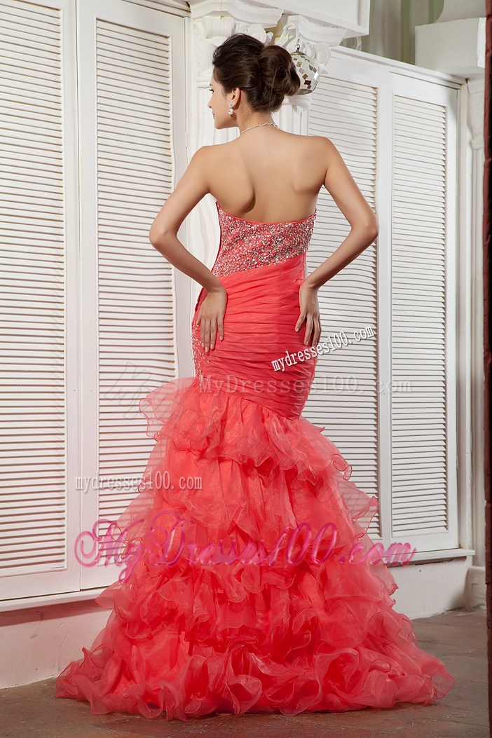 Unique Coral Red Mermaid Sweetheart Ruffles Layered Prom Dress