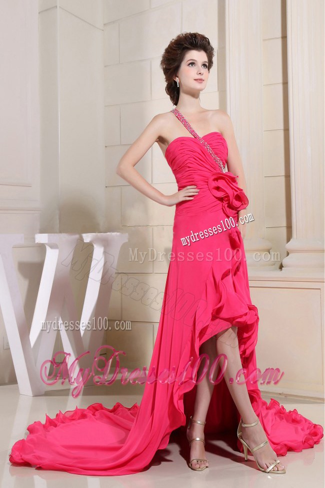 Coral Red Prom Dress With High-low One Shoulder and Hand Made Flowers