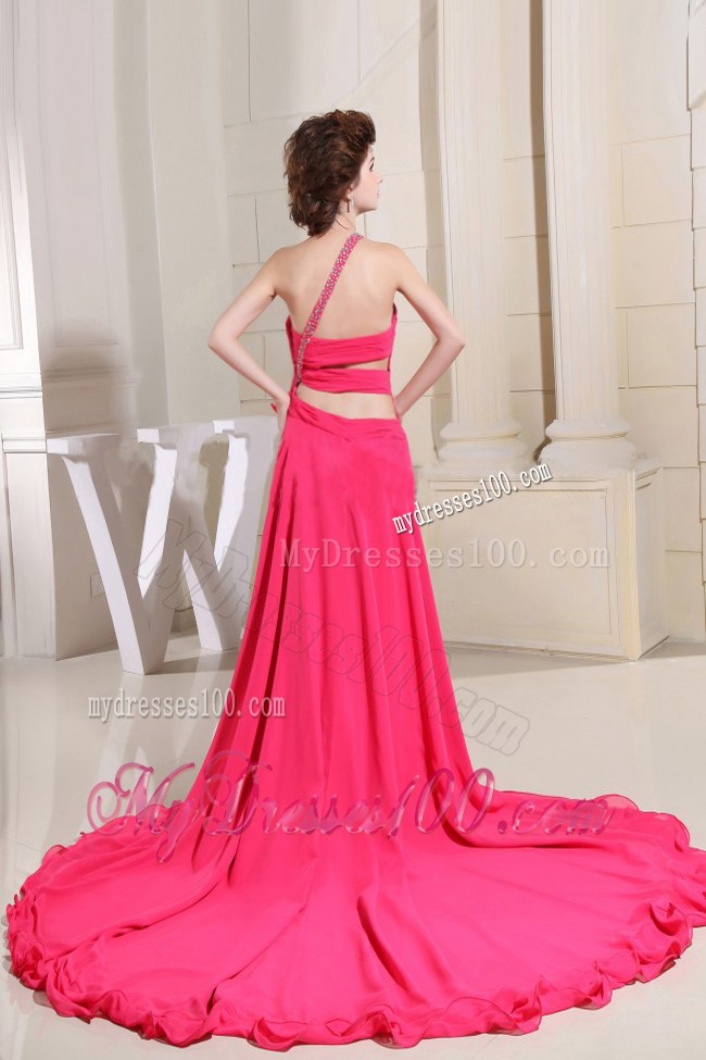Coral Red Prom Dress With High-low One Shoulder and Hand Made Flowers