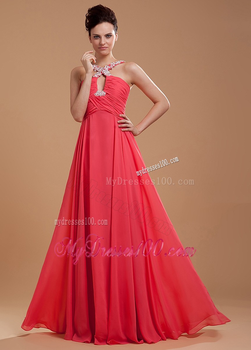 Coral Red Beaded and Appliques Prom Dress With V-neck For Girls