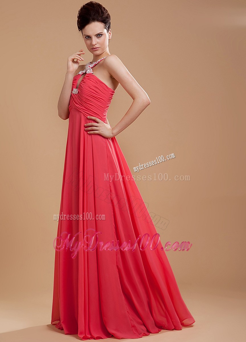 Coral Red Beaded and Appliques Prom Dress With V-neck For Girls