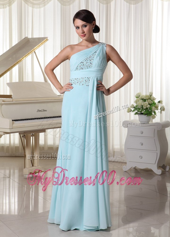 Light Blue One Shoulder Beaded Prom Dress For Custom Made