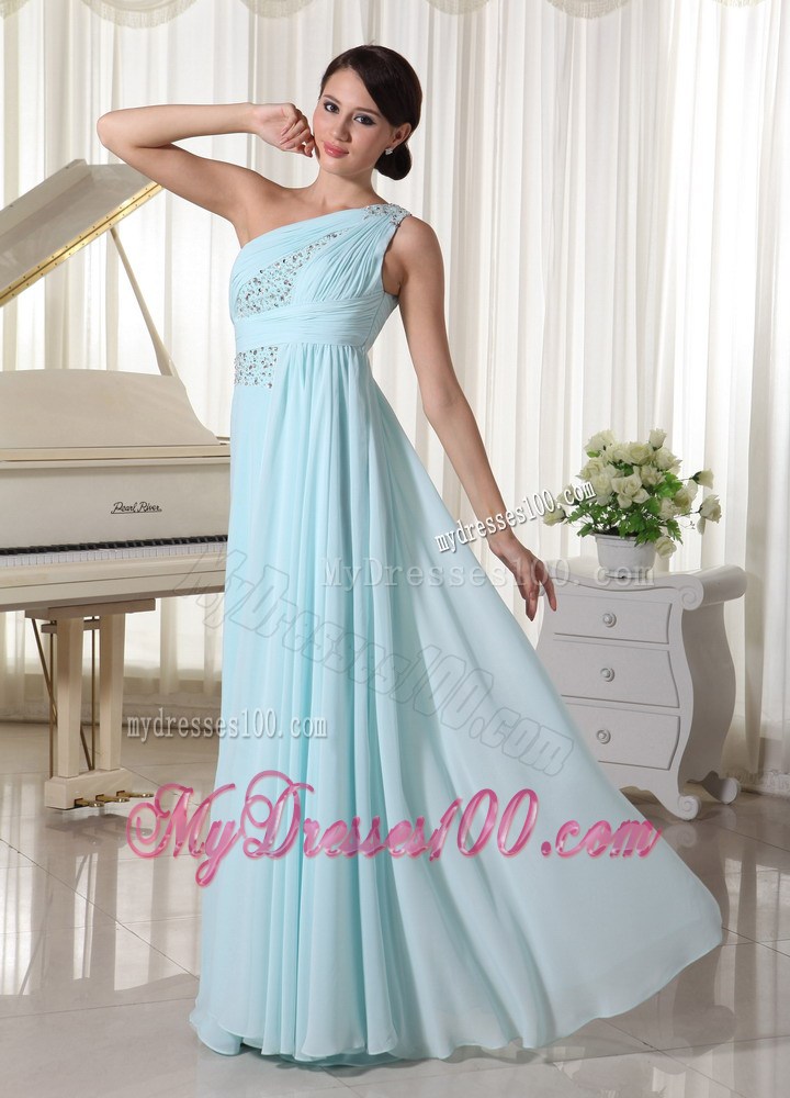 Light Blue One Shoulder Beaded Prom Dress For Custom Made