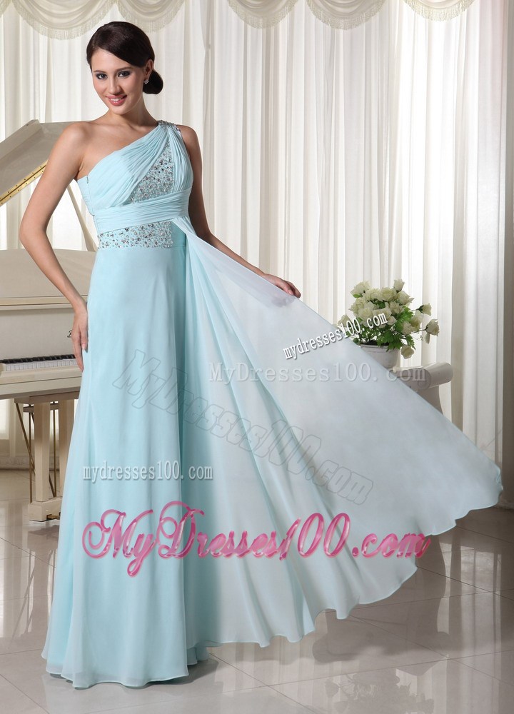 Light Blue One Shoulder Beaded Prom Dress For Custom Made