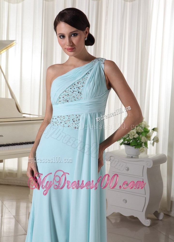 Light Blue One Shoulder Beaded Prom Dress For Custom Made