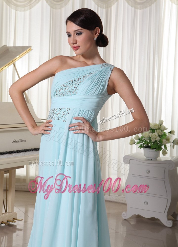 Light Blue One Shoulder Beaded Prom Dress For Custom Made