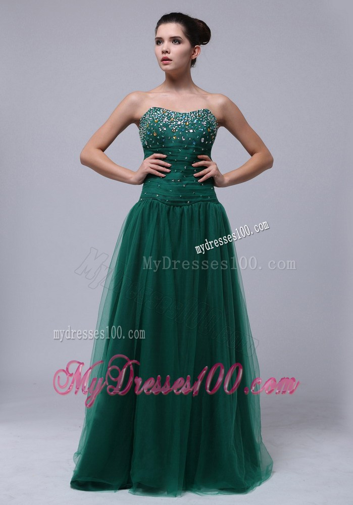 Beaded Decorate Bust Strapless Long For Dark Green Prom Dress