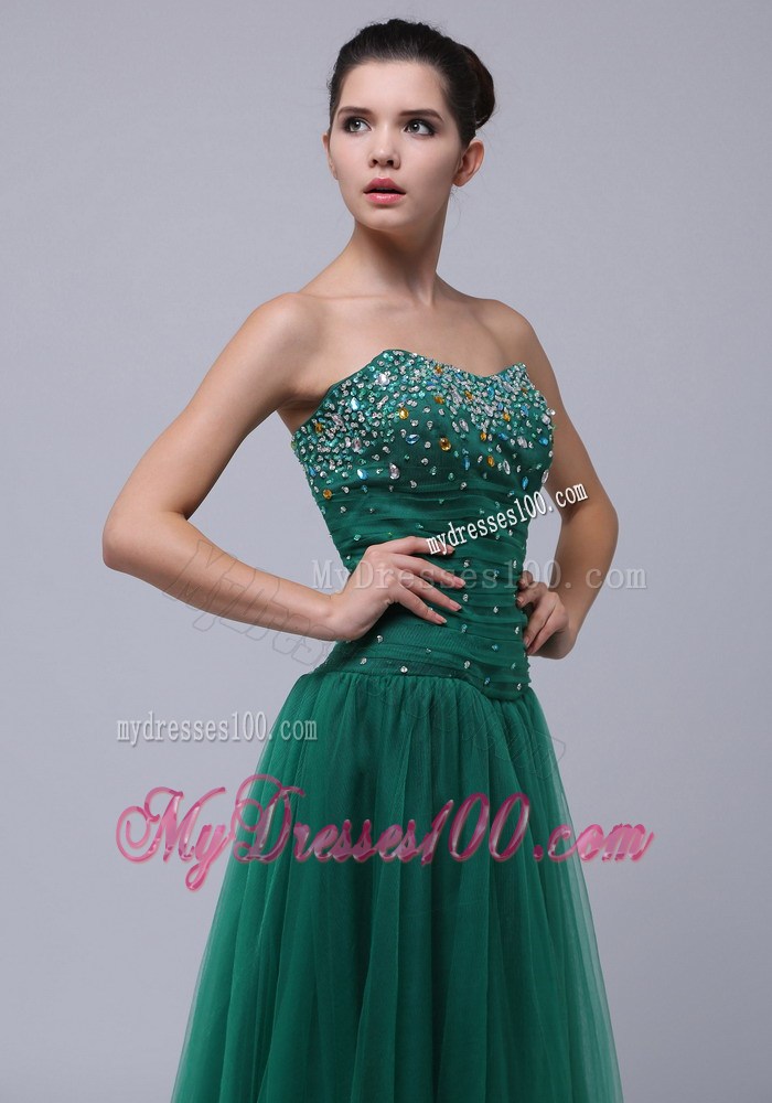 Beaded Decorate Bust Strapless Long For Dark Green Prom Dress