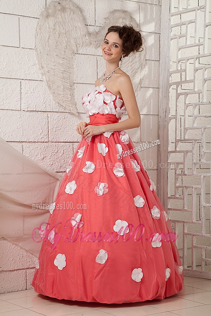 Discount Watermelon Strapless Prom Dress with White Appliques