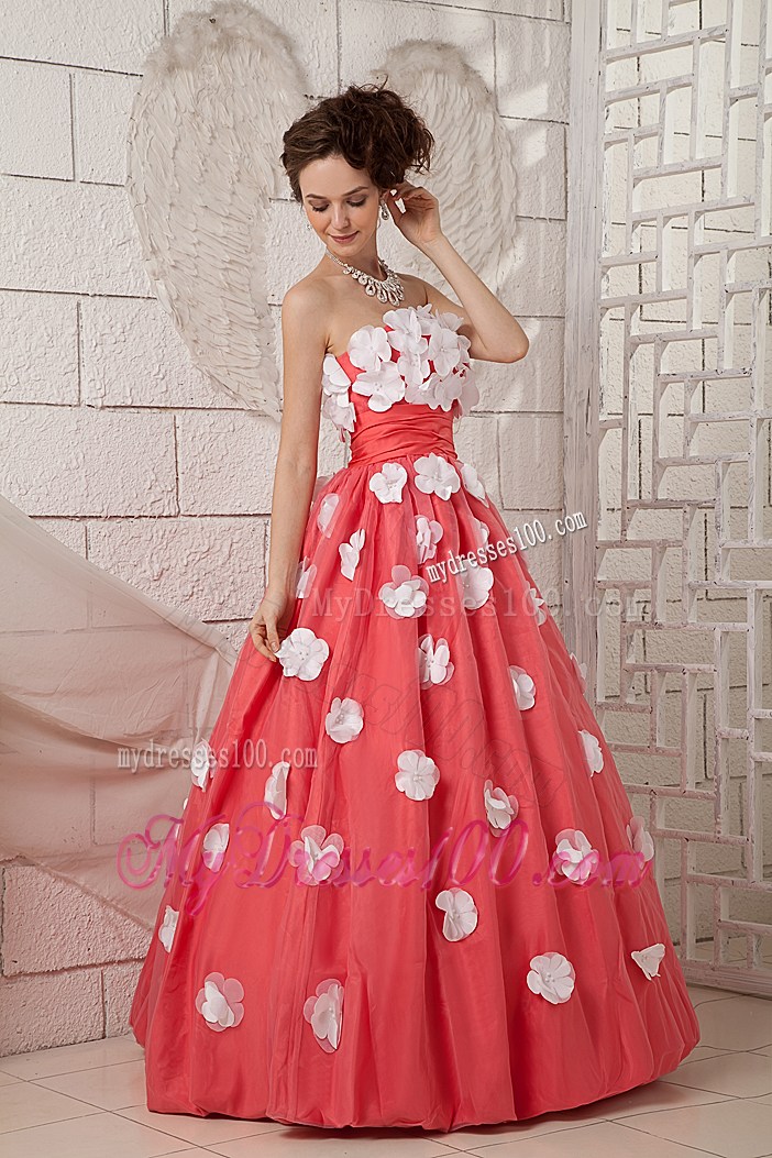 Discount Watermelon Strapless Prom Dress with White Appliques