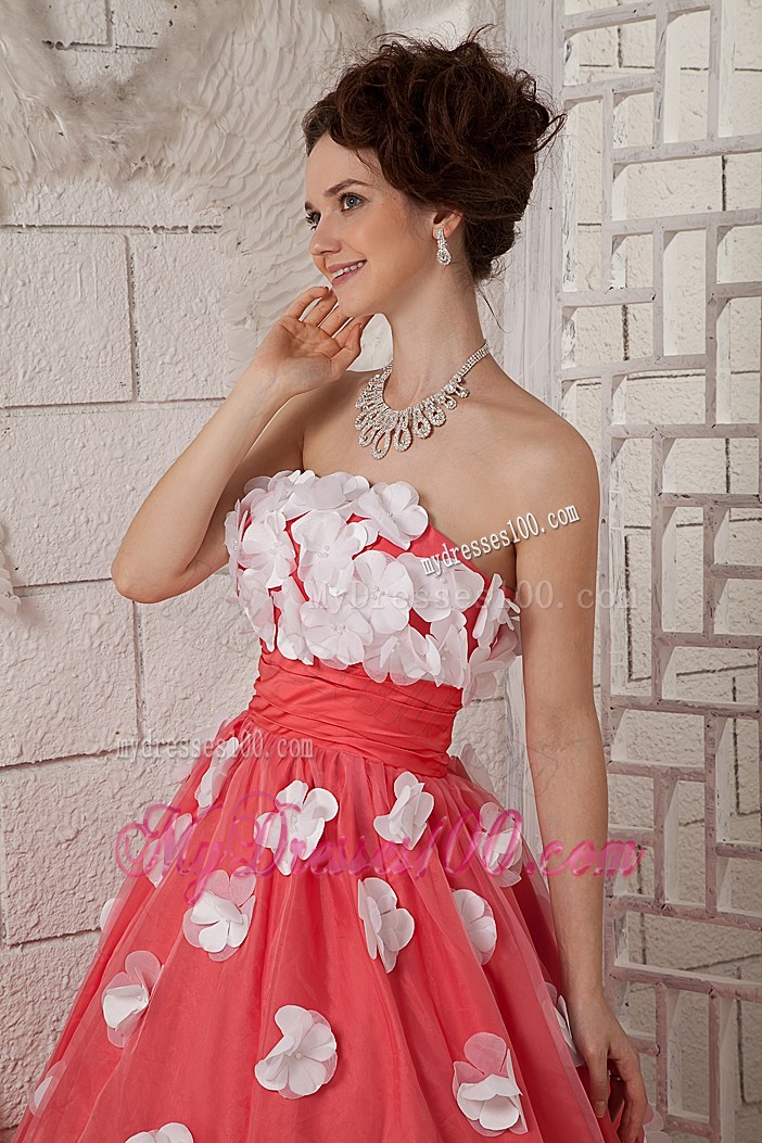 Discount Watermelon Strapless Prom Dress with White Appliques