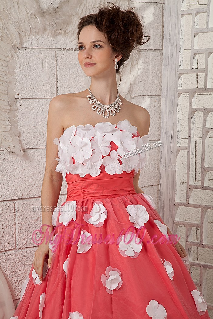 Discount Watermelon Strapless Prom Dress with White Appliques