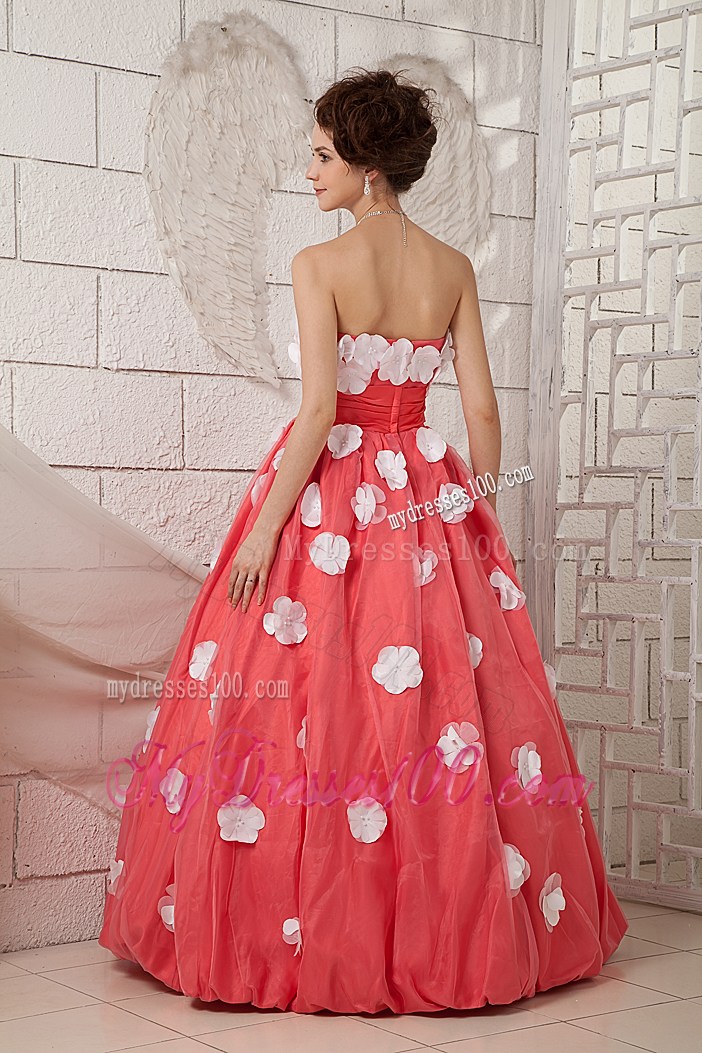Discount Watermelon Strapless Prom Dress with White Appliques