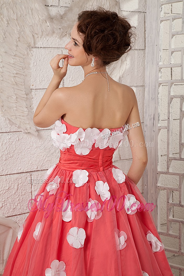 Discount Watermelon Strapless Prom Dress with White Appliques