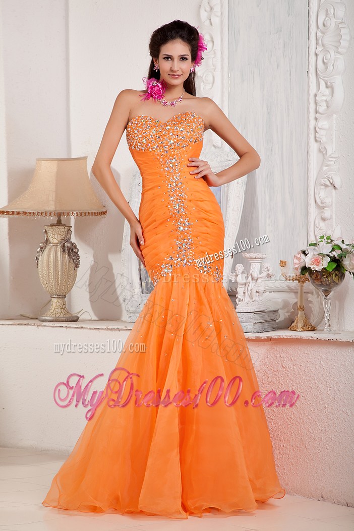 Elegant Orange Mermaid Sweetheart Beading Prom Pageant Dress