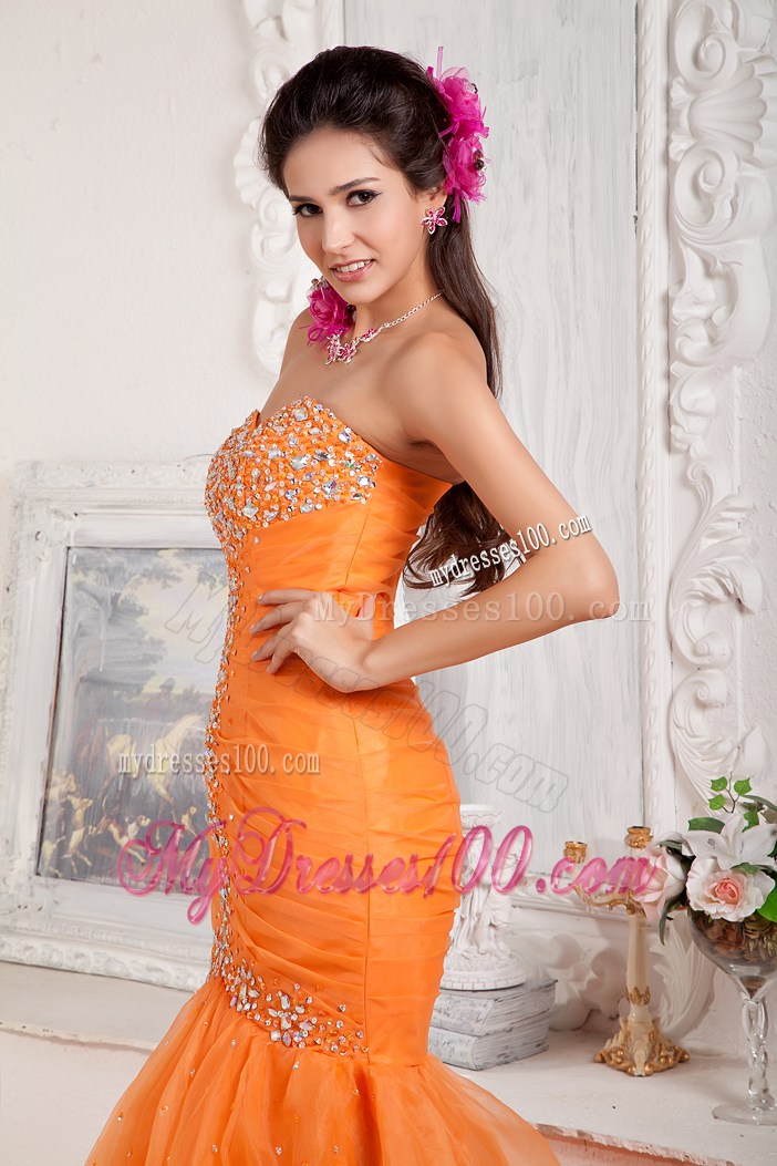 Elegant Orange Mermaid Sweetheart Beading Prom Pageant Dress