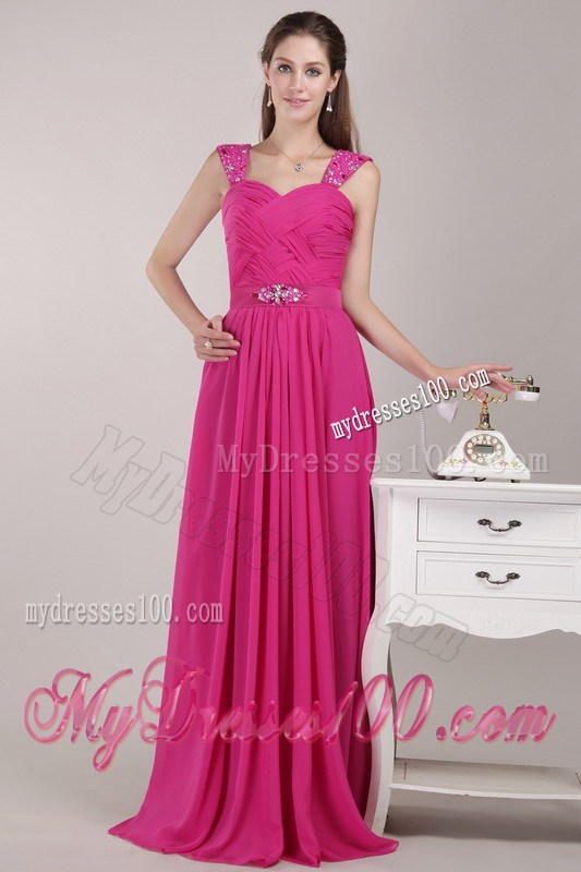 Fuchsia Empire Straps Floor-length Beading Prom Pageant Dress