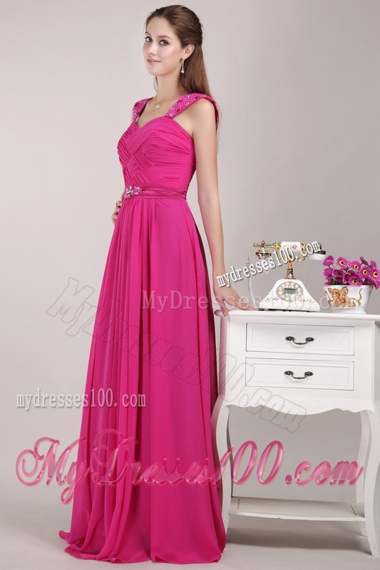 Fuchsia Empire Straps Floor-length Beading Prom Pageant Dress
