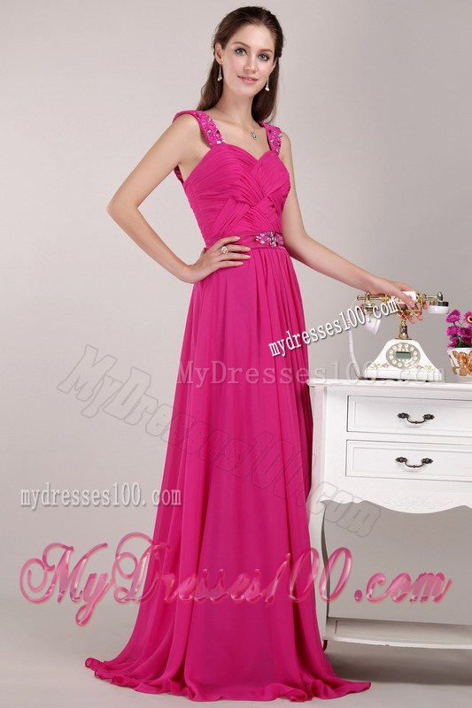 Fuchsia Empire Straps Floor-length Beading Prom Pageant Dress