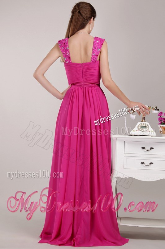 Fuchsia Empire Straps Floor-length Beading Prom Pageant Dress