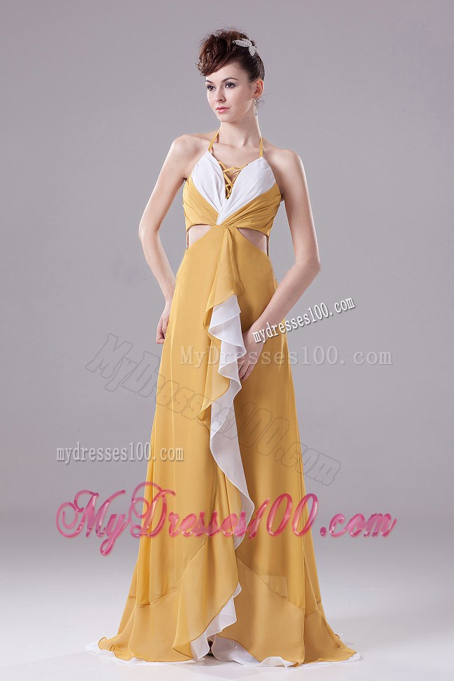Gold Prom Dress With Halter Ruching Brush Train For Custom Made