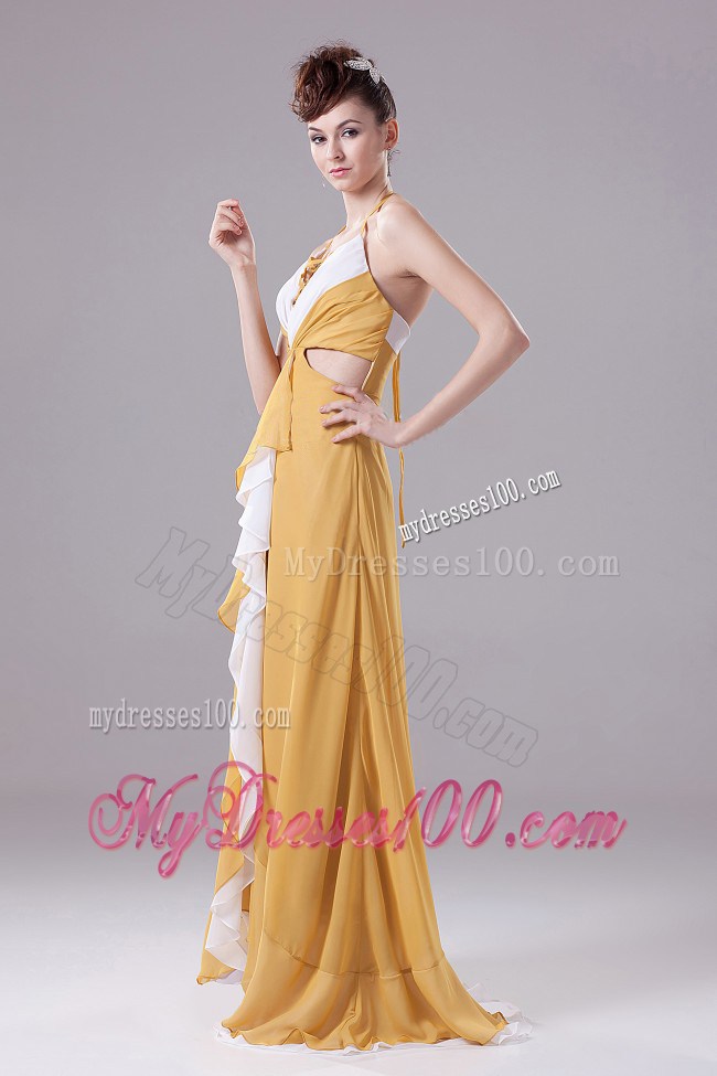 Gold Prom Dress With Halter Ruching Brush Train For Custom Made