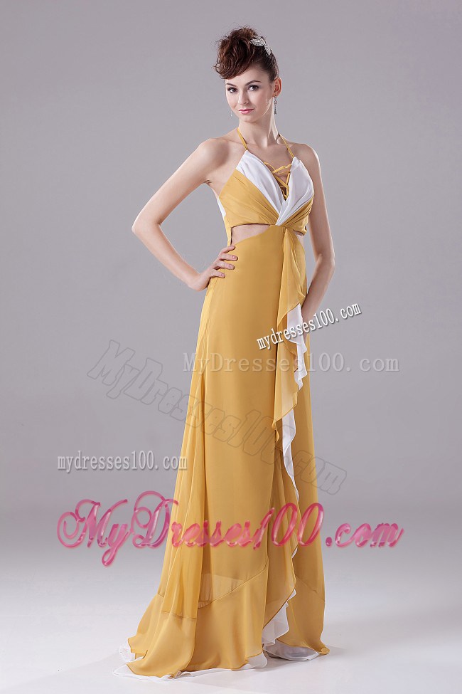 Gold Prom Dress With Halter Ruching Brush Train For Custom Made