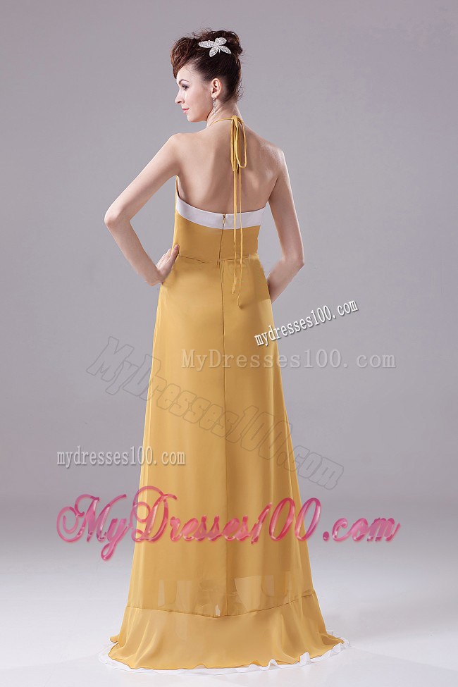 Gold Prom Dress With Halter Ruching Brush Train For Custom Made
