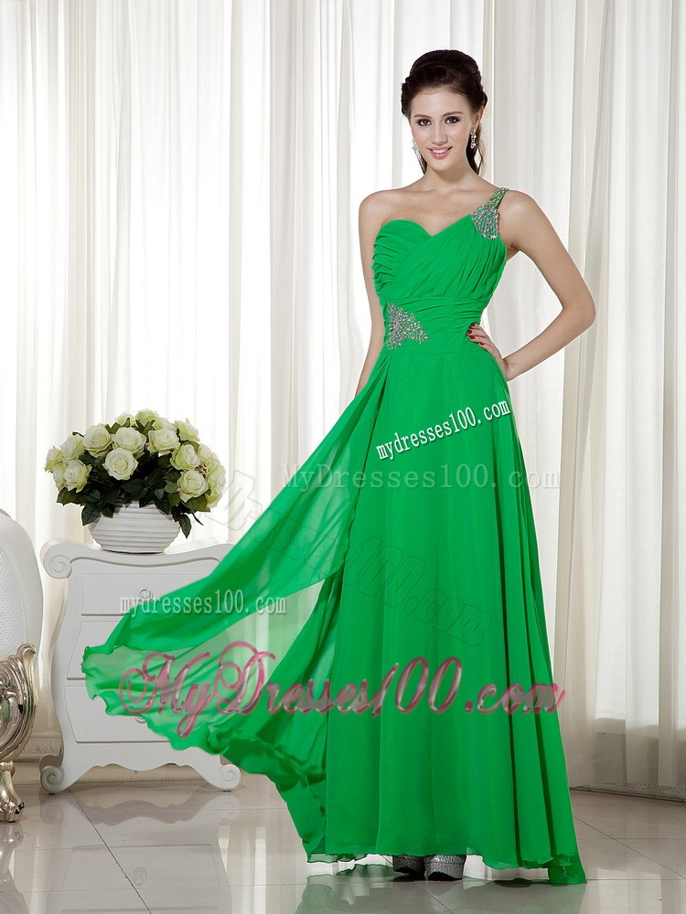 Green Empire One Shoulder Floor-length Beading Prom Dress